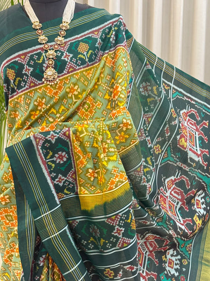 Deep Green Yellow Ikat Saree