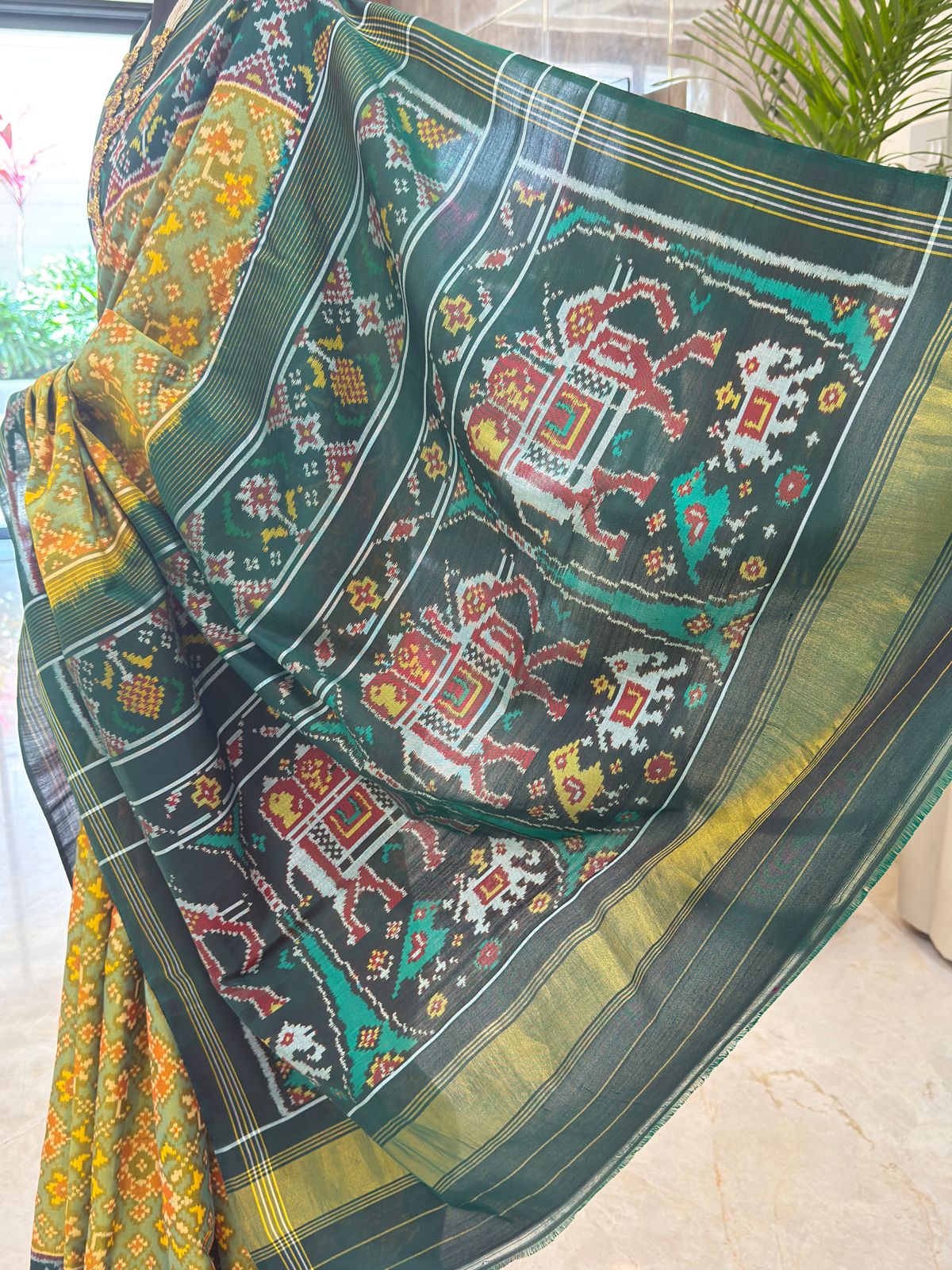 Deep Green Yellow Ikat Saree