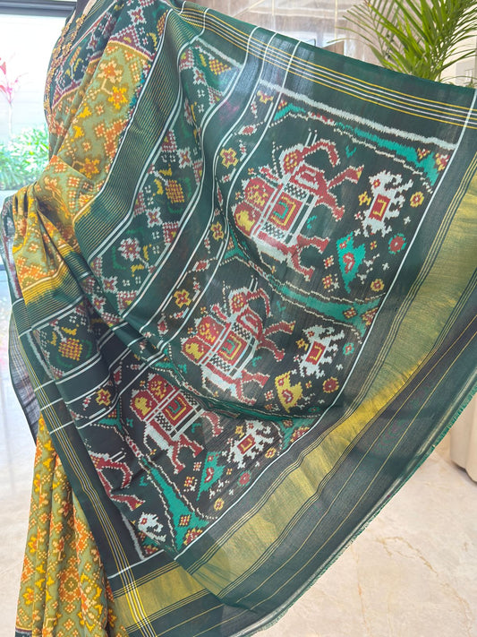 Deep Green Yellow Ikat Saree