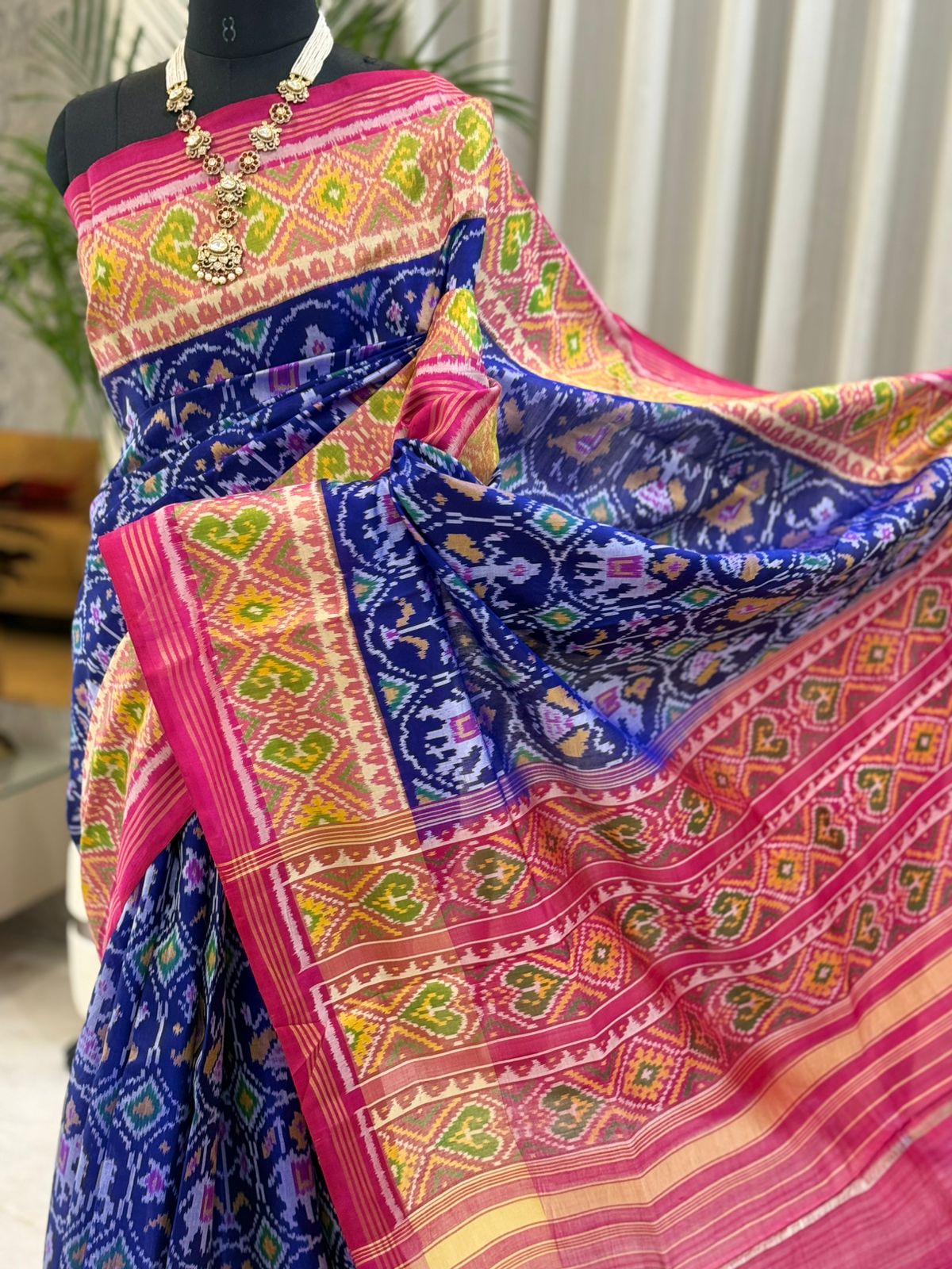 Navy Pink Yellow Ikat Saree