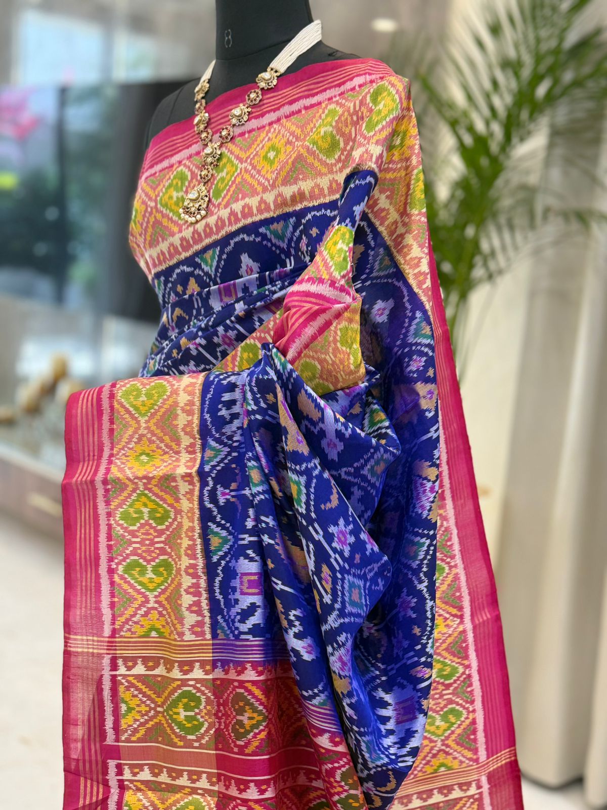Navy Pink Yellow Ikat Saree