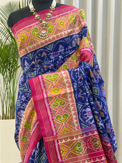 Navy Pink Yellow Ikat Saree