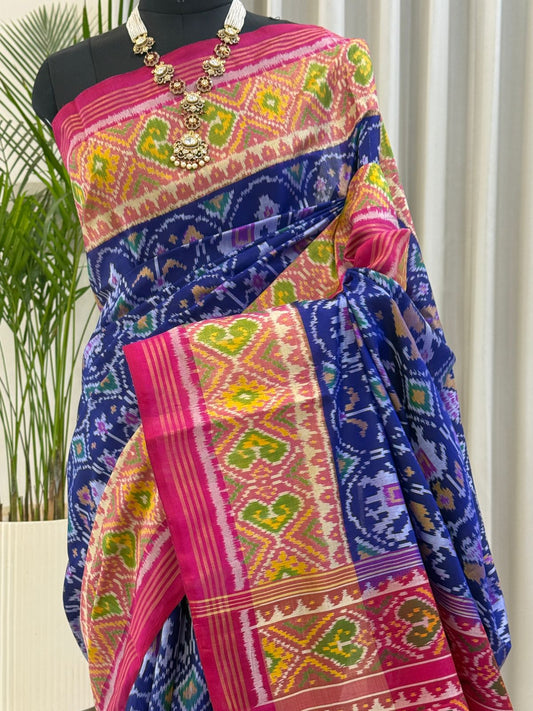 Navy Pink Yellow Ikat Saree