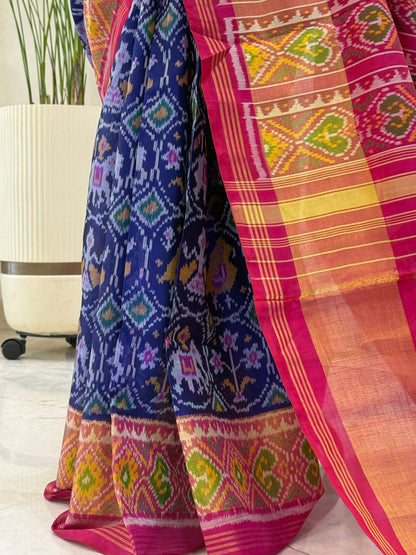 Navy Pink Yellow Ikat Saree