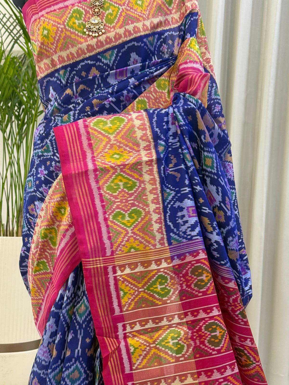 Navy Pink Yellow Ikat Saree