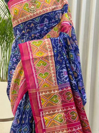 Navy Pink Yellow Ikat Saree