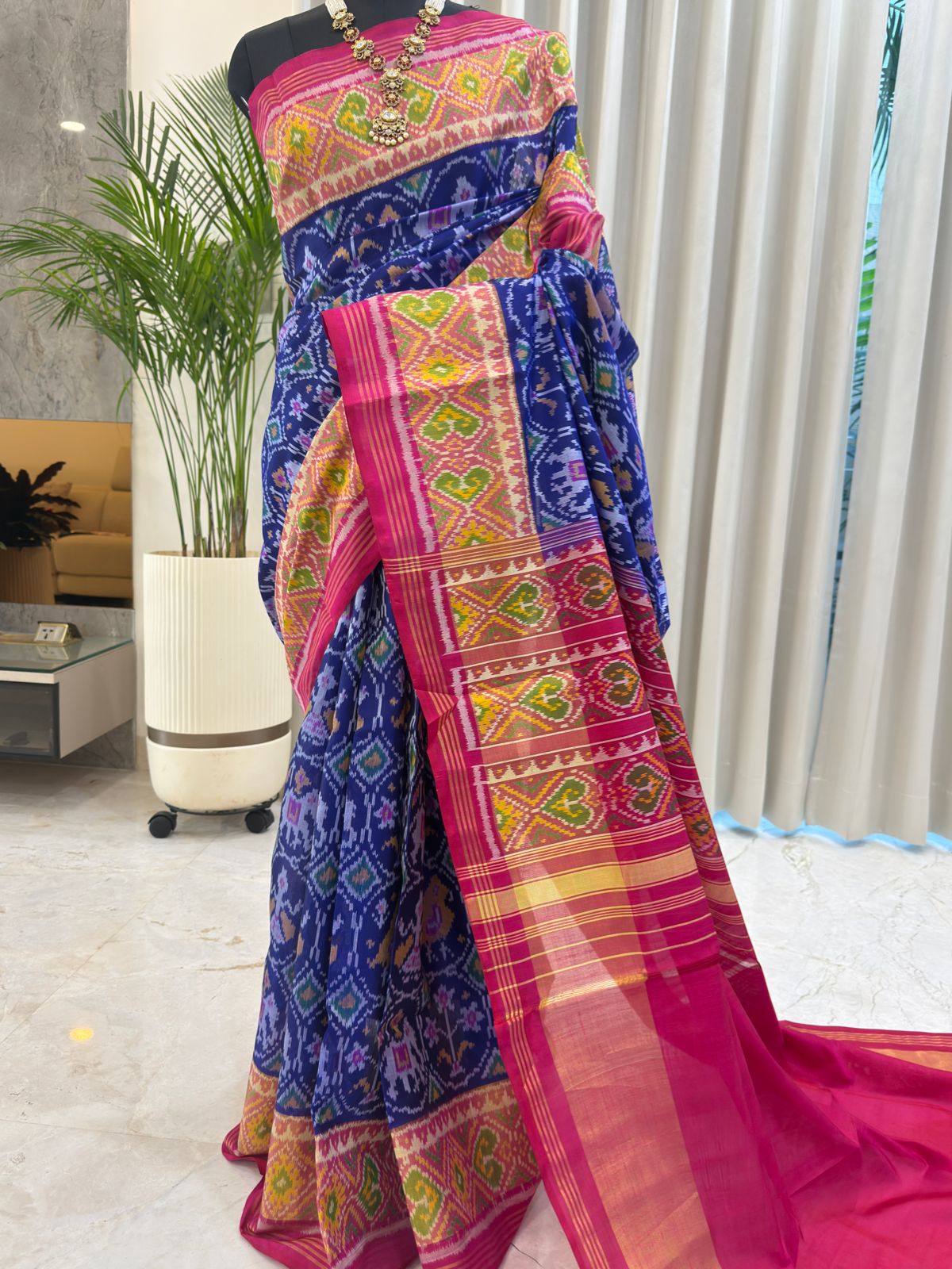 Navy Pink Yellow Ikat Saree