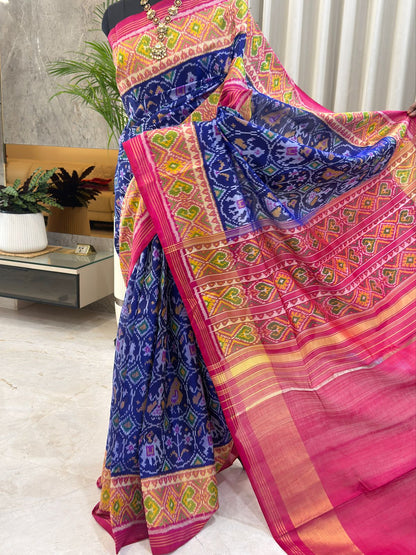 Navy Pink Yellow Ikat Saree