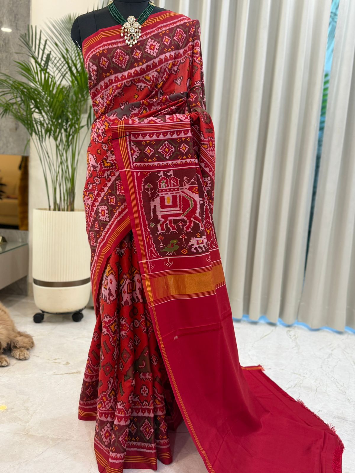 Red Patola With Elephant Motifs