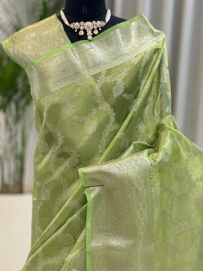 Leaf Green Banarasi Tissue Saree