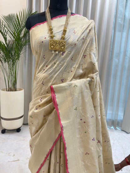 Ivory Katan Silk Banarasi Saree
