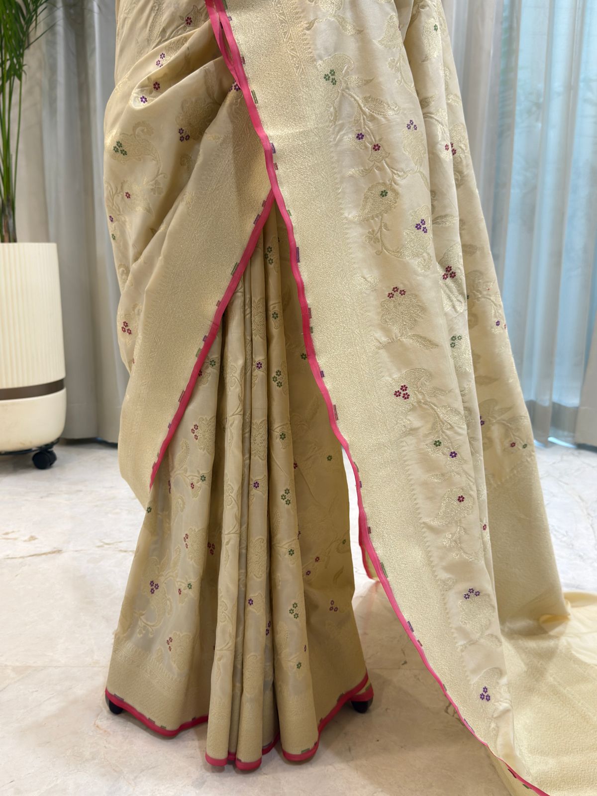 Ivory Katan Silk Banarasi Saree