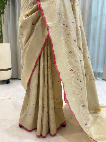 Ivory Katan Silk Banarasi Saree