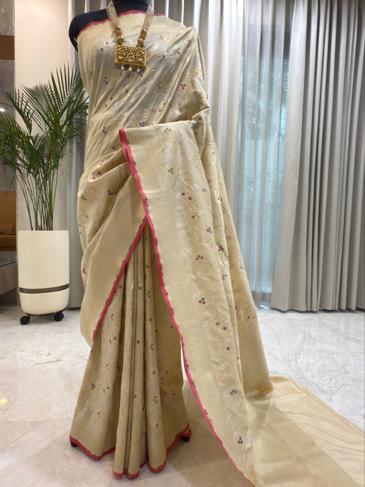 Ivory Katan Silk Banarasi Saree
