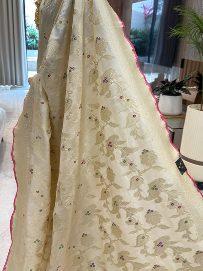 Ivory Katan Silk Banarasi Saree