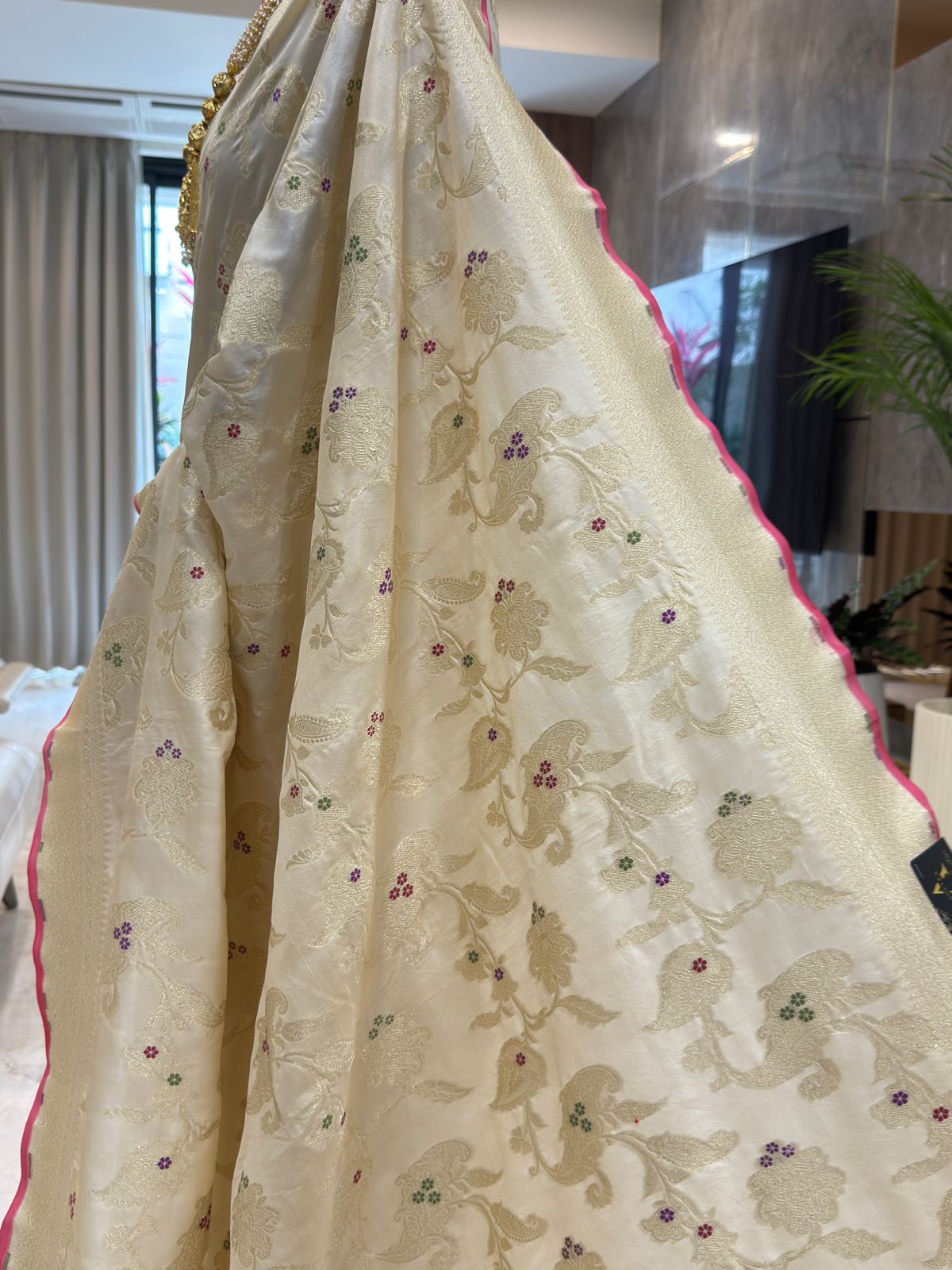 Ivory Katan Silk Banarasi Saree