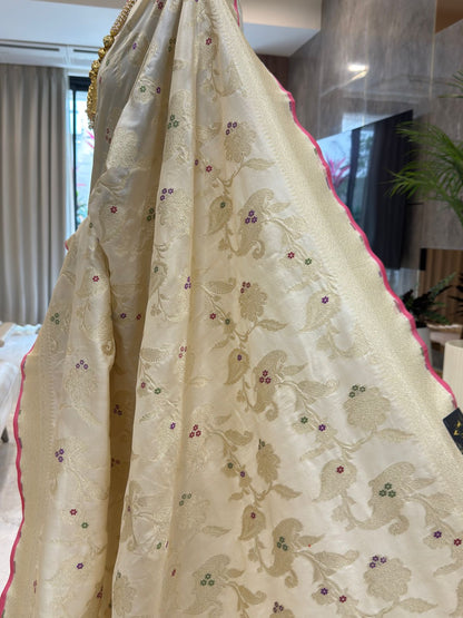 Ivory Katan Silk Banarasi Saree