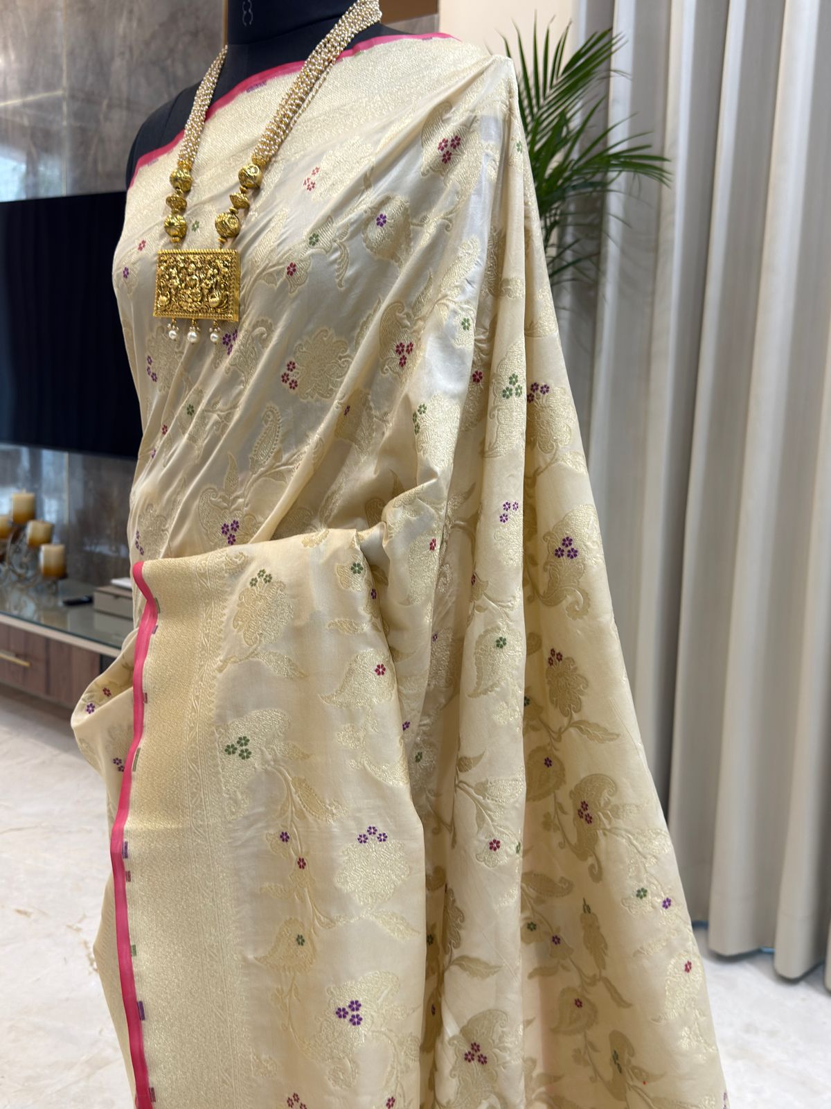 Ivory Katan Silk Banarasi Saree