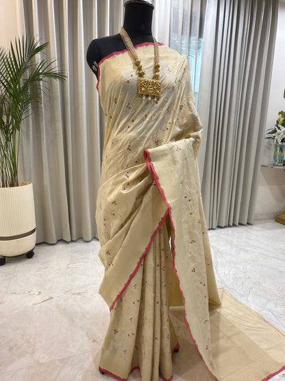 Ivory Katan Silk Banarasi Saree