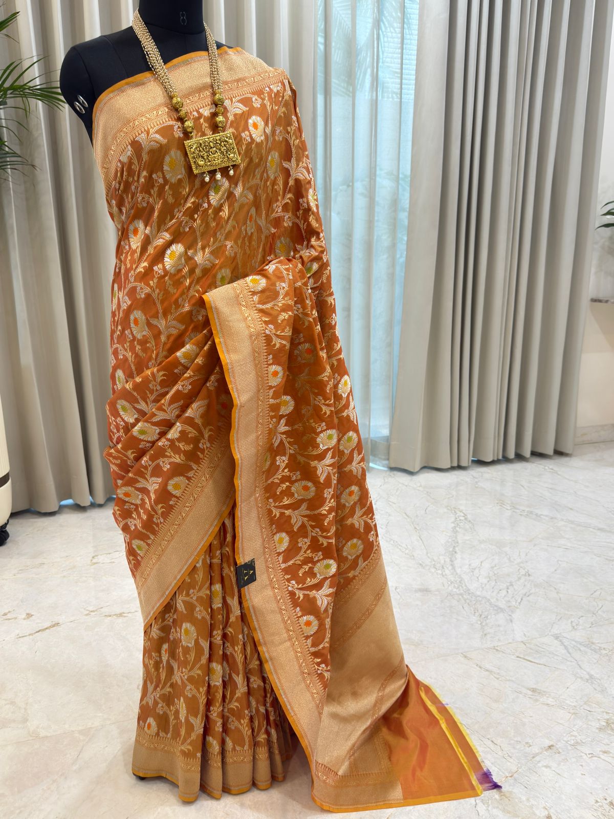 Amber Orange Katan Silk Banarasi Saree