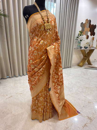 Amber Orange Katan Silk Banarasi Saree