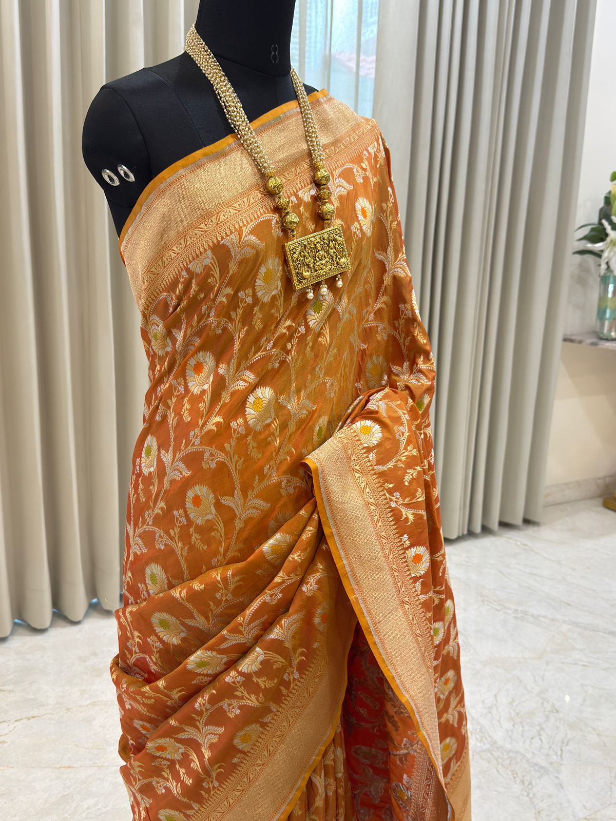 Amber Orange Katan Silk Banarasi Saree