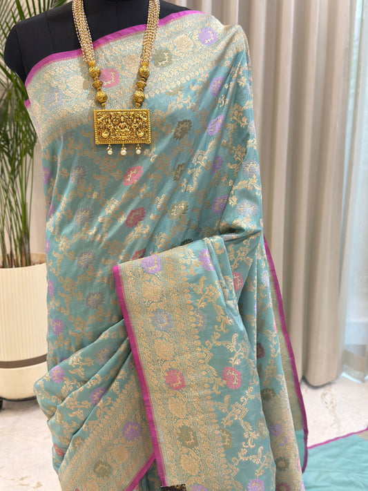 Turquoise Katan Silk Banarasi Saree