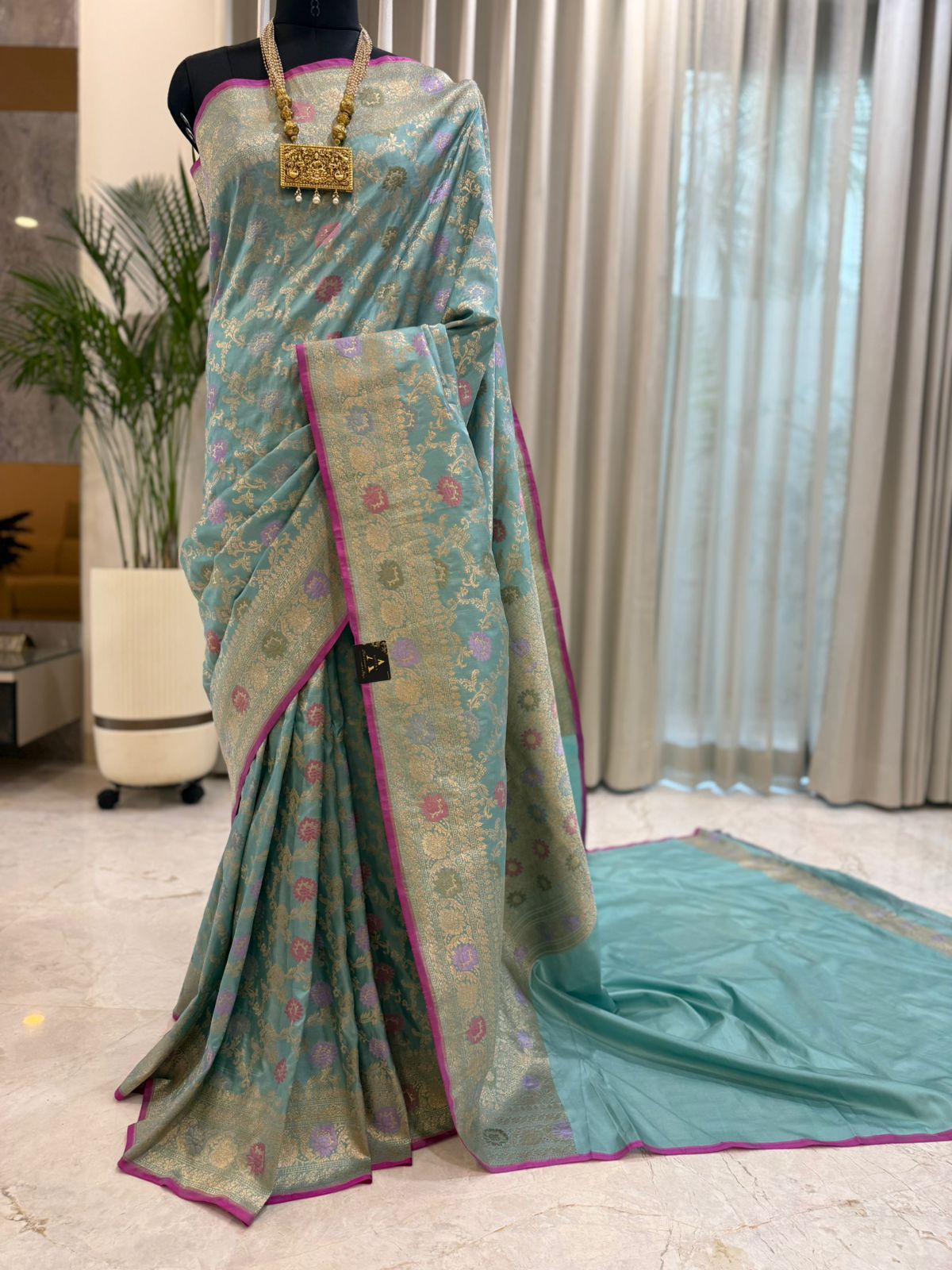 Turquoise Katan Silk Banarasi Saree