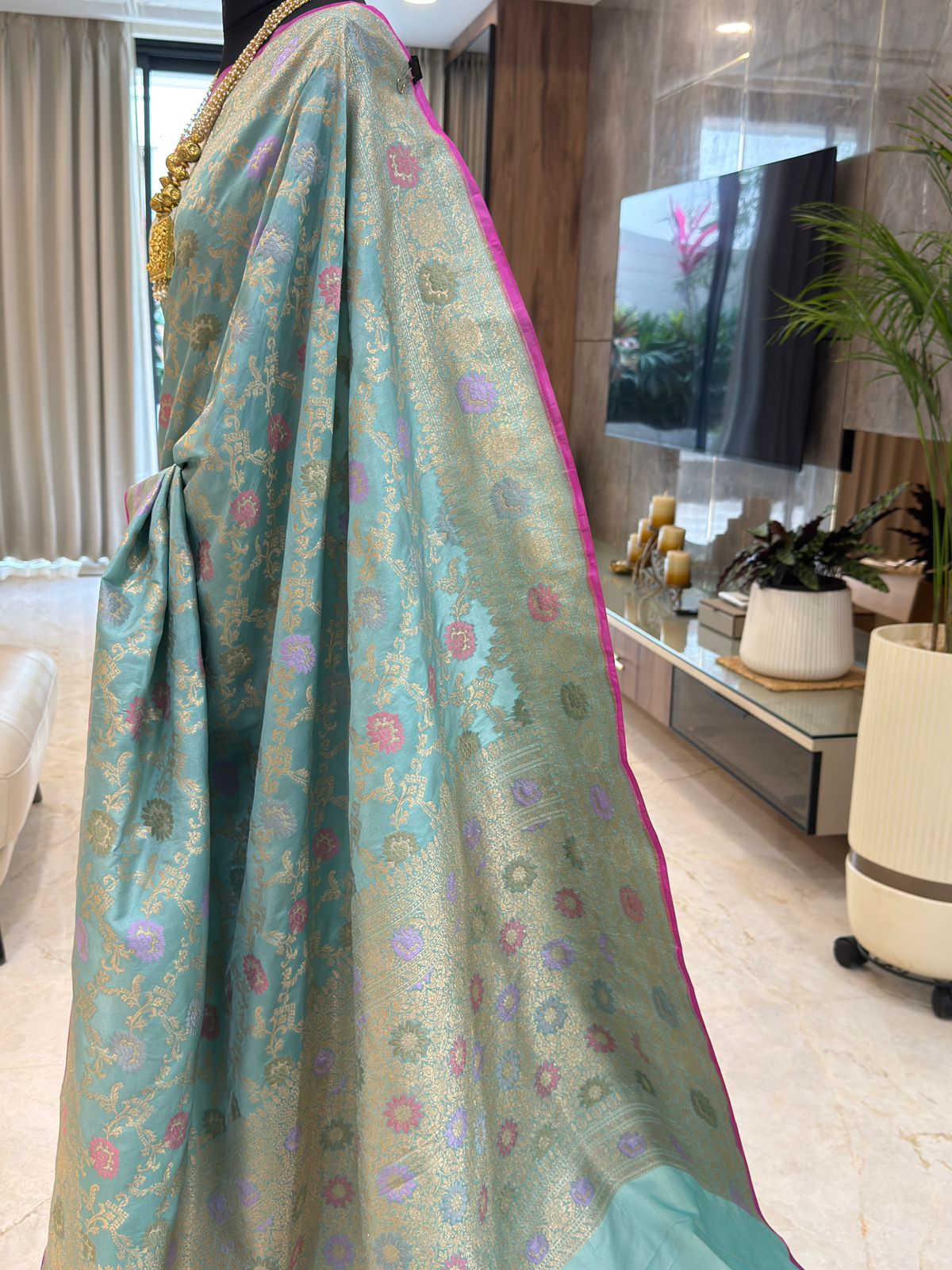 Turquoise Katan Silk Banarasi Saree