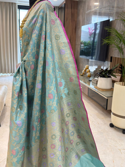 Turquoise Katan Silk Banarasi Saree