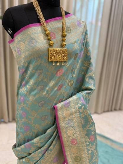Turquoise Katan Silk Banarasi Saree