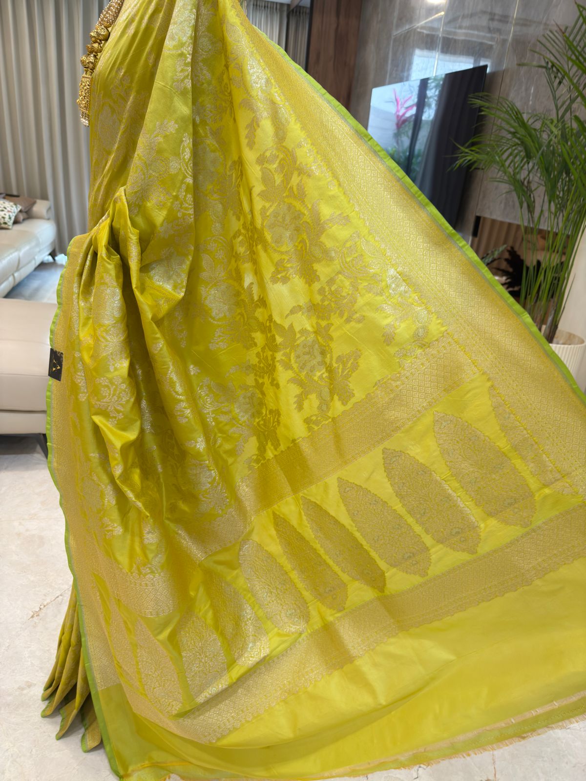Lemon Yellow Katan Silk Banarasi Saree