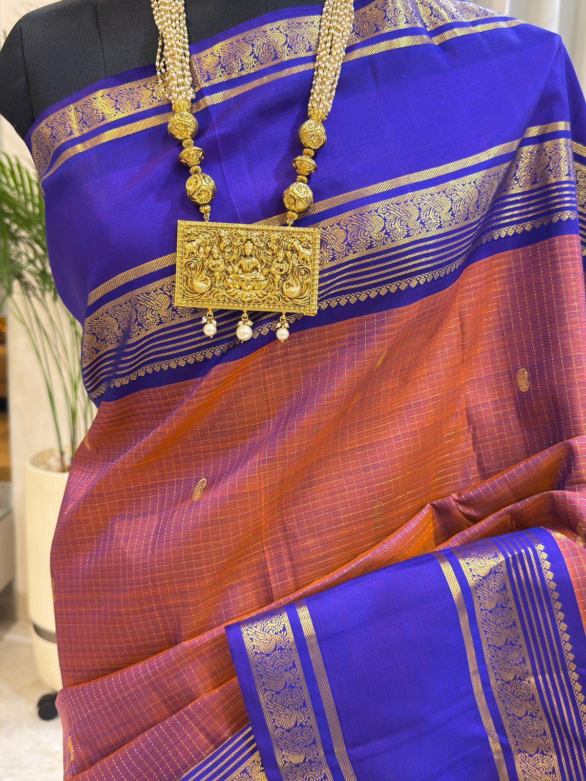 Saffron & Royal Blue Kanjivaram Silk Saree