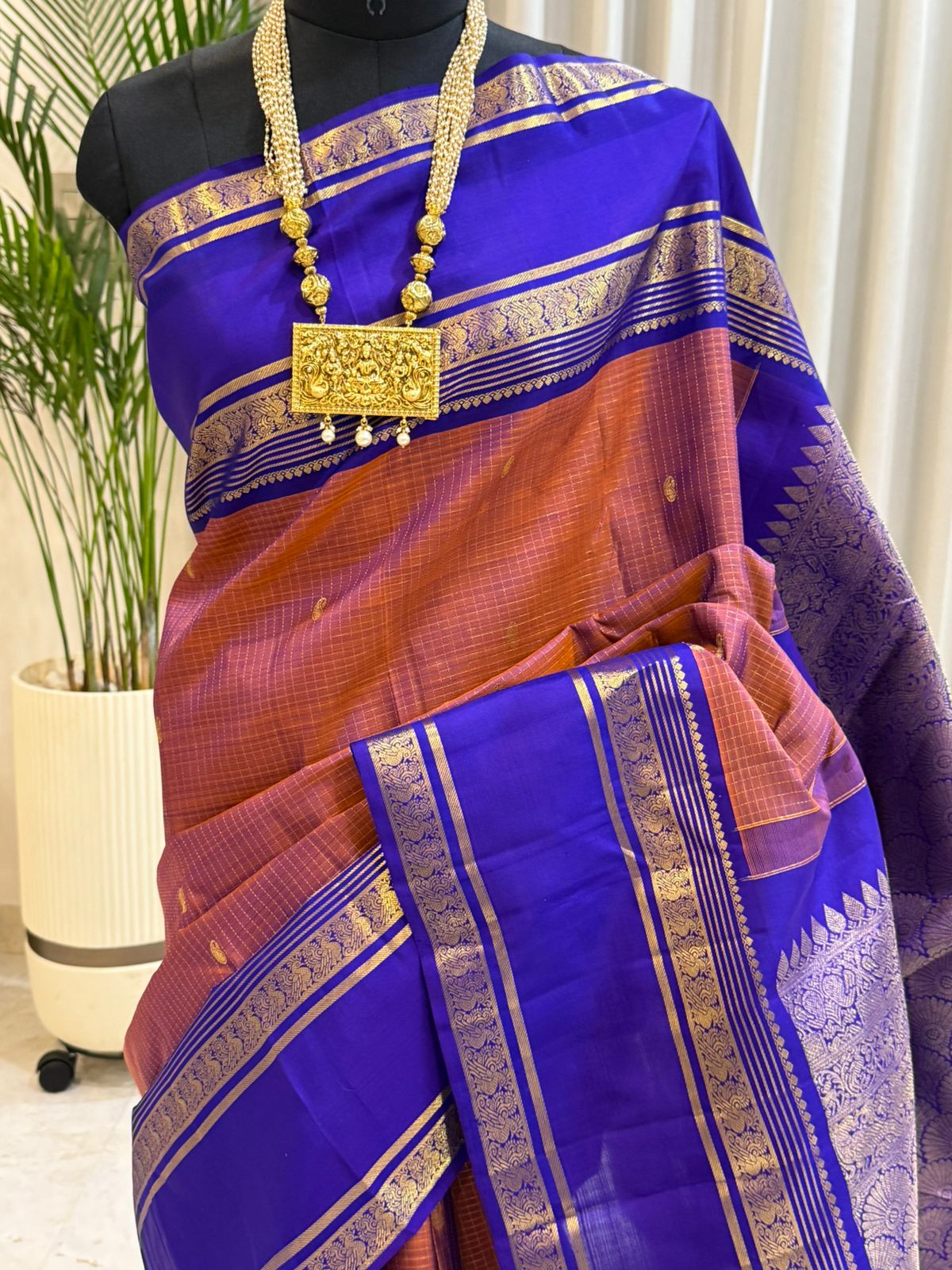 Saffron & Royal Blue Kanjivaram Silk Saree