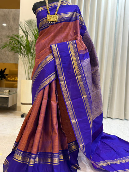 Saffron & Royal Blue Kanjivaram Silk Saree