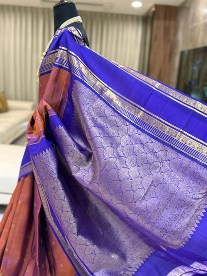 Saffron & Royal Blue Kanjivaram Silk Saree