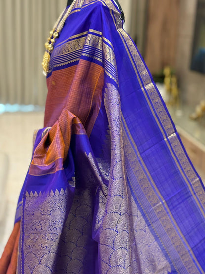 Saffron & Royal Blue Kanjivaram Silk Saree