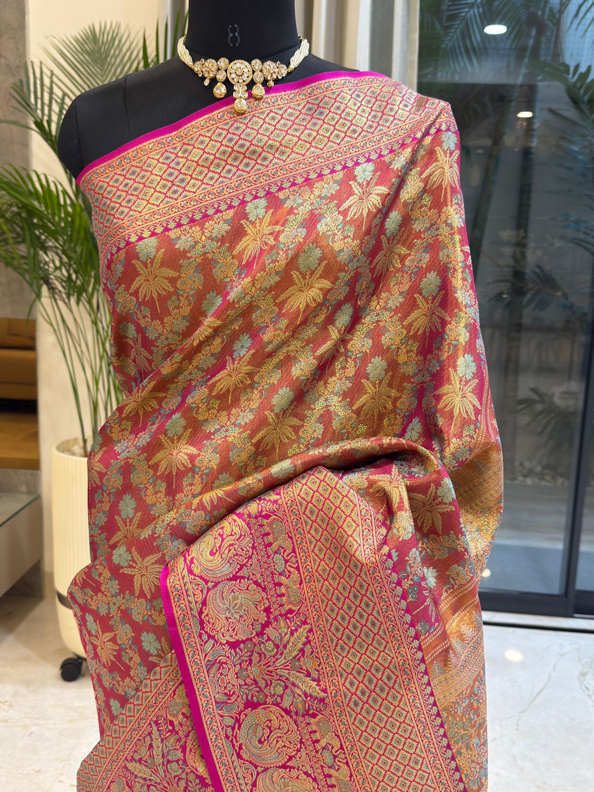 Magenta Turquoise Meenakari Silk Saree