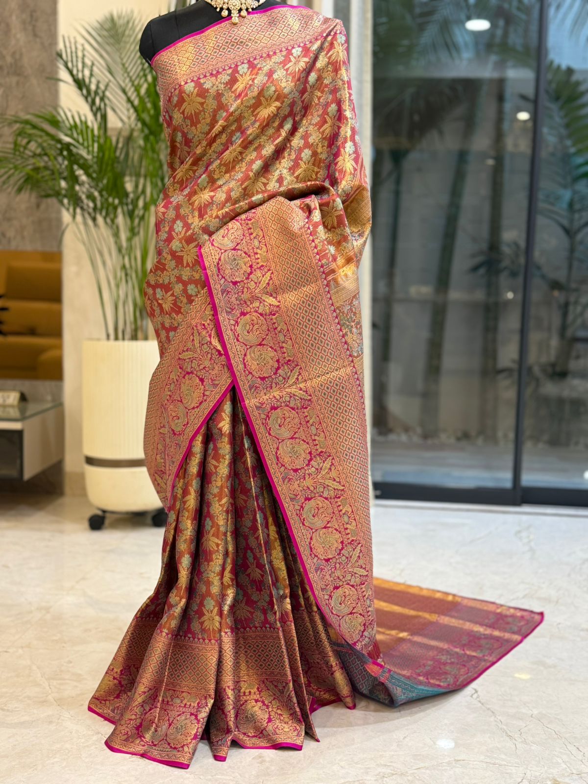 Magenta Turquoise Meenakari Silk Saree