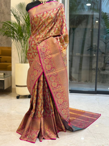 Magenta Turquoise Meenakari Silk Saree