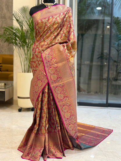 Magenta Turquoise Meenakari Silk Saree