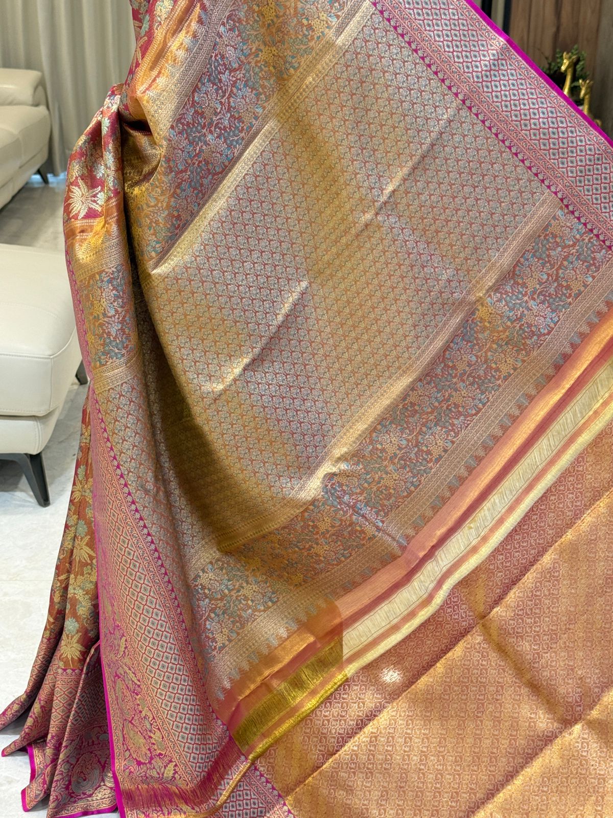Magenta Turquoise Meenakari Silk Saree