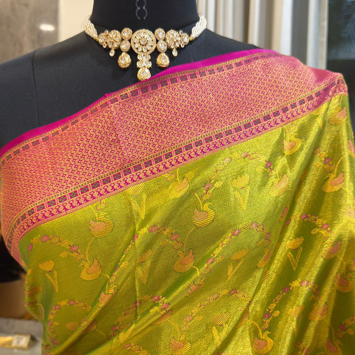 Parrot Green Magenta Zari