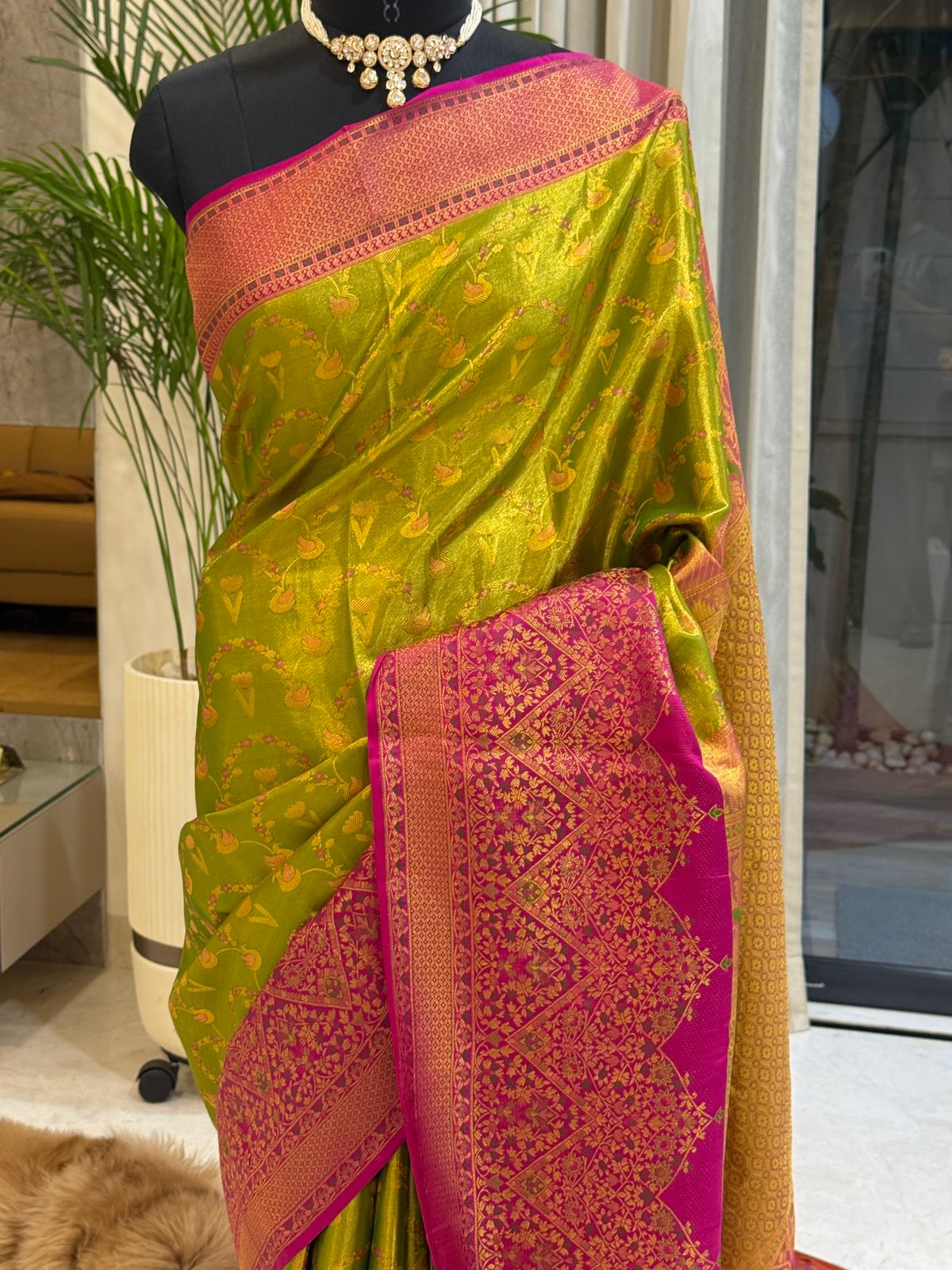 Parrot Green Magenta Zari