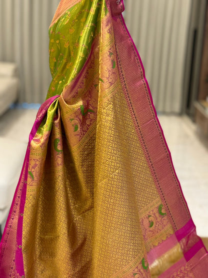 Parrot Green Magenta Zari