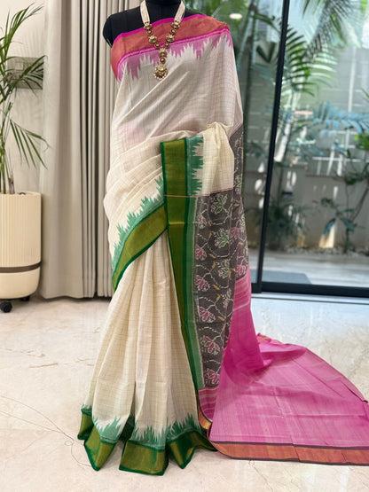 Pink Green Ikat Saree