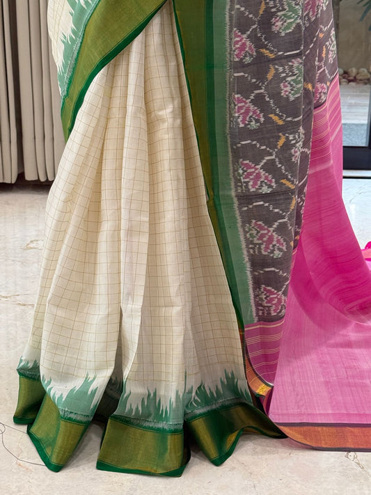 Pink Green Ikat Saree
