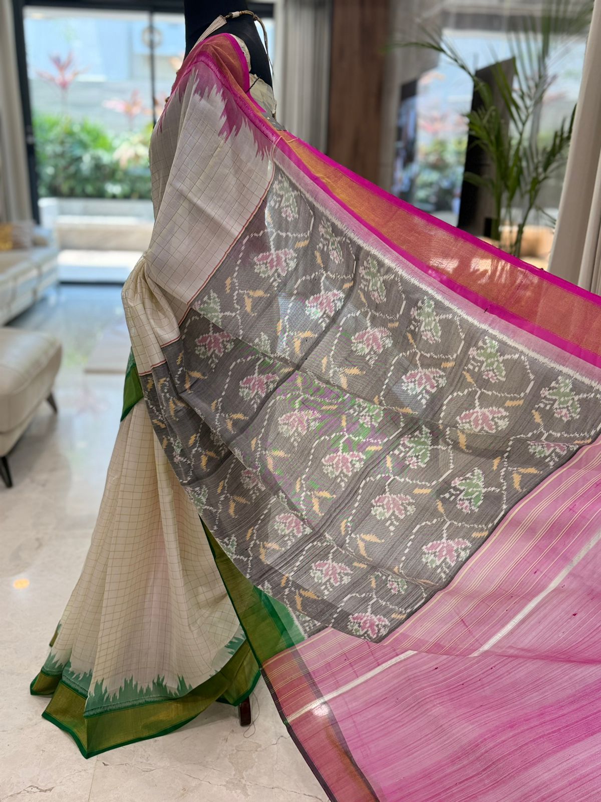 Pink Green Ikat Saree