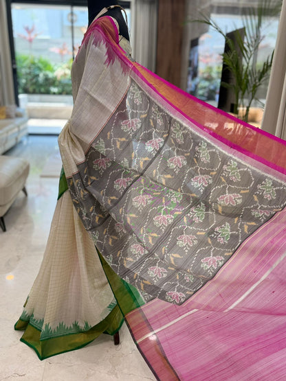 Pink Green Ikat Saree