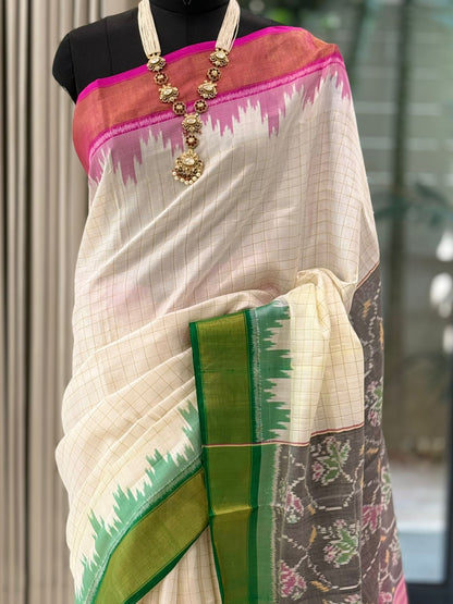 Pink Green Ikat Saree